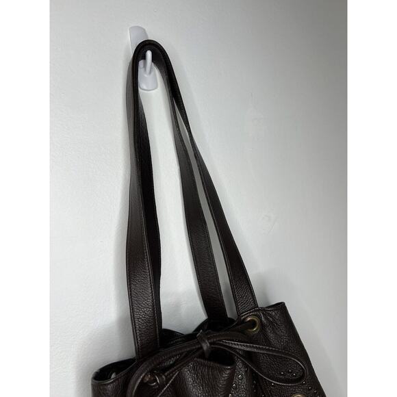 Y2K Hilton Weiner Leather Perforated Purse Studded Brown Bucket Bag Grommets - Picture 7 of 16